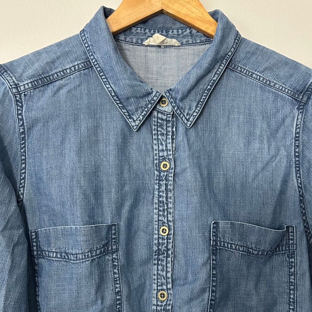 Eileen Fisher Button Down Shirt Women XL Blue Tencel Cotton Chambray Long Sleeve